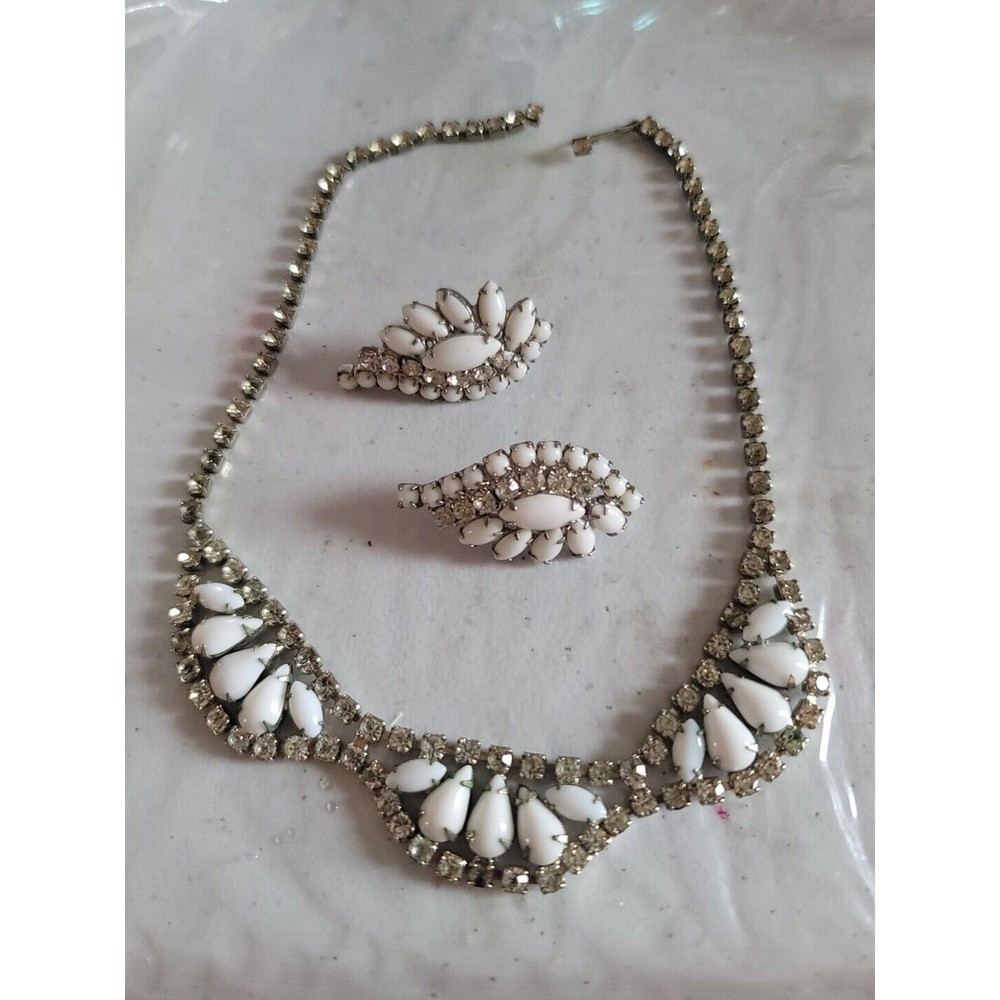 VTG Milk Glass And Clear Rhinestone Set/ 16in Approximately, Screw Back